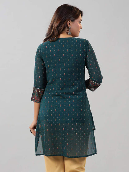 Green Georgette Printed High-Low Straight Tunic