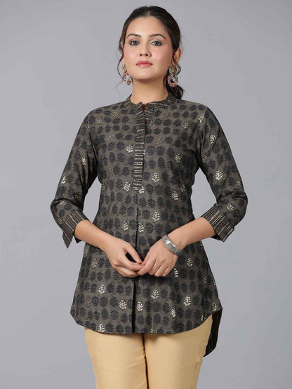 Black Muslin Printed High-Low Straight Tunic