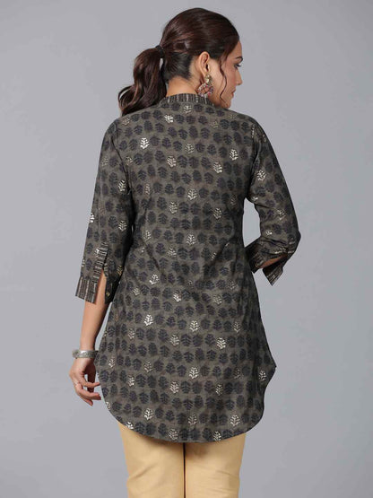 Black Muslin Printed High-Low Straight Tunic