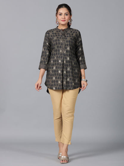 Black Muslin Printed High-Low Straight Tunic