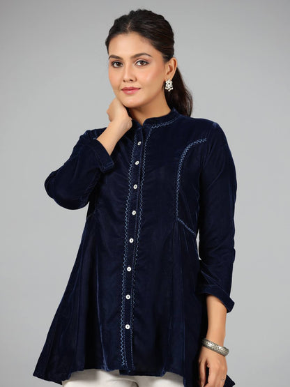Blue Velvet Solid A-Line Tunic