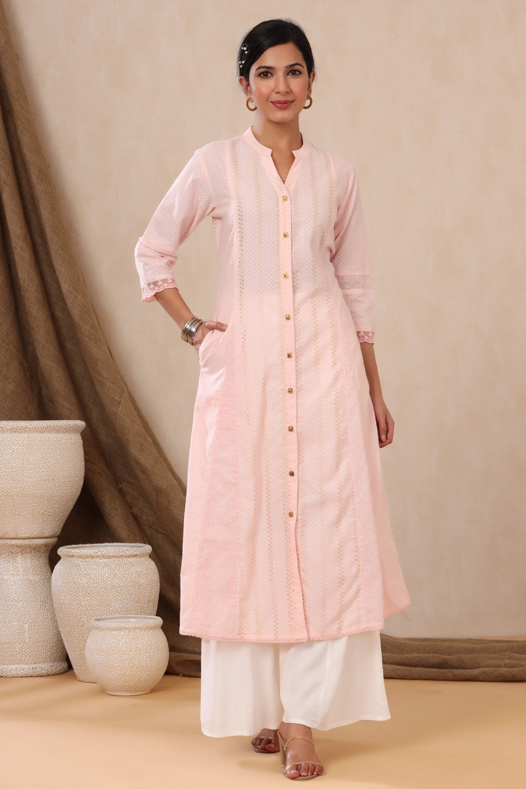 Babypink Cotton Dobby Printed A-Line Kurta with Mask