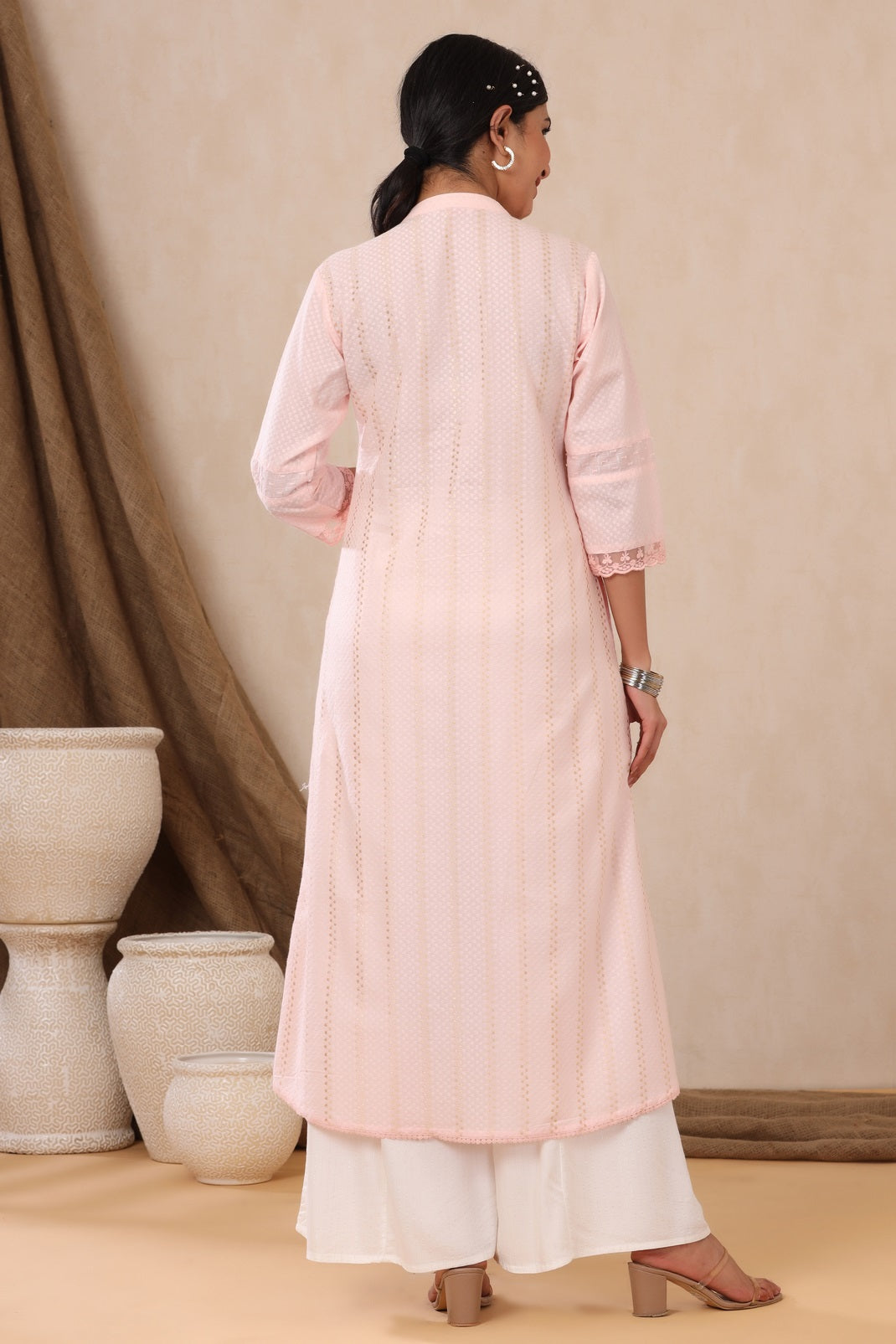 Babypink Cotton Dobby Printed A-Line Kurta with Mask