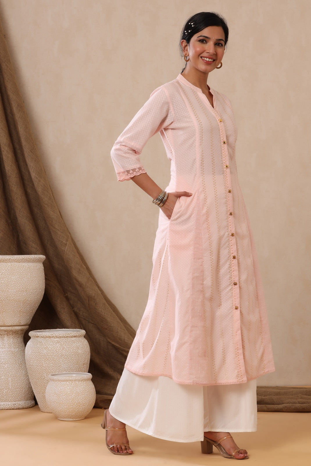 Babypink Cotton Dobby Printed A-Line Kurta with Mask