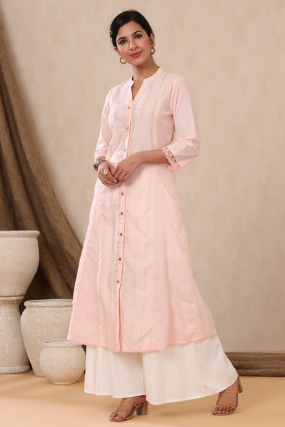 Babypink Cotton Dobby Printed A-Line Kurta with Mask