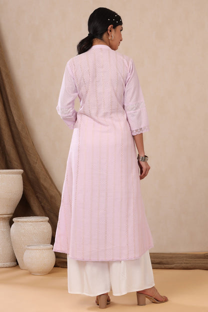 Purple Cotton Dobby Printed A-Line Kurta with Mask