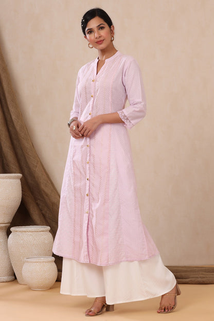 Purple Cotton Dobby Printed A-Line Kurta with Mask