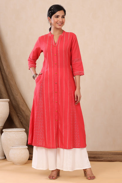 Red Cotton Dobby Printed A-Line Kurta with Mask