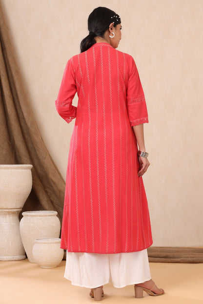 Red Cotton Dobby Printed A-Line Kurta with Mask