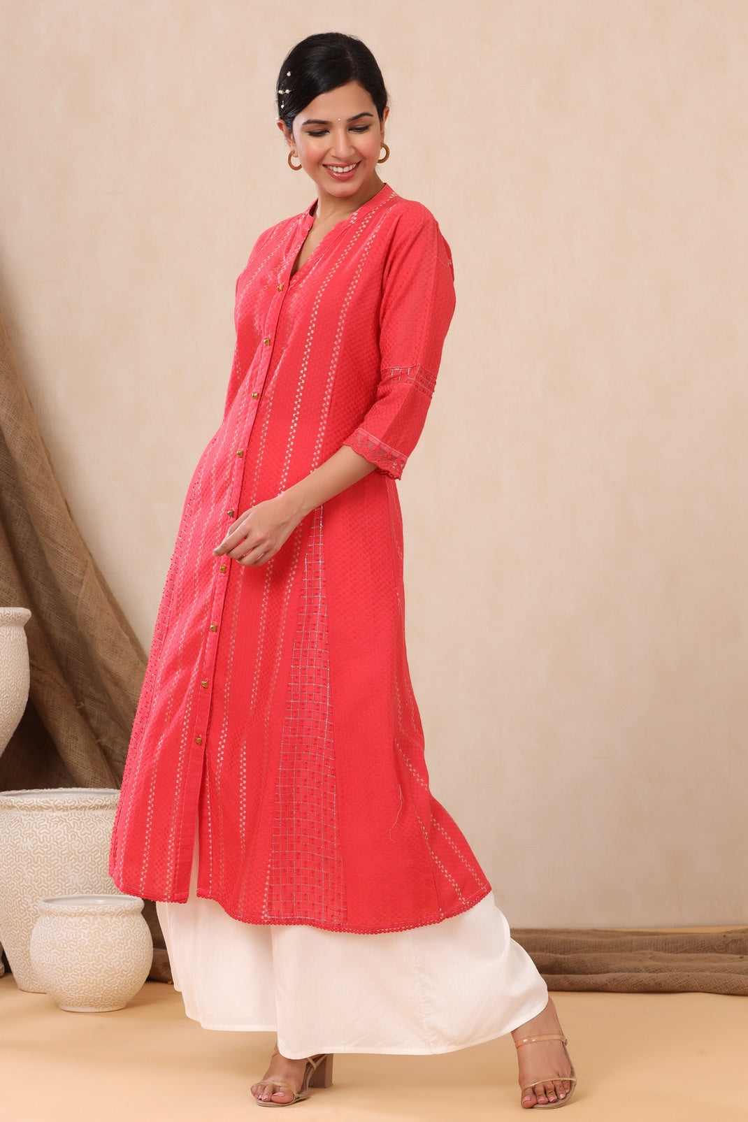 Red Cotton Dobby Printed A-Line Kurta with Mask