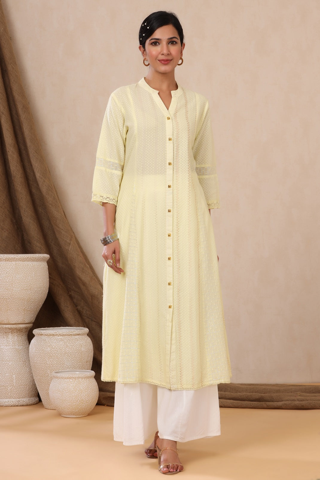 Yellow Cotton Dobby Printed A-Line Kurta with Mask