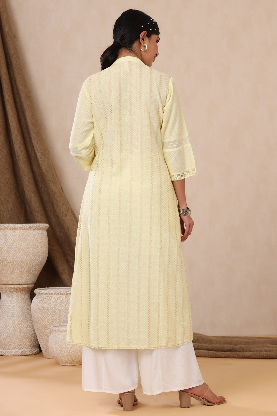 Yellow Cotton Dobby Printed A-Line Kurta with Mask