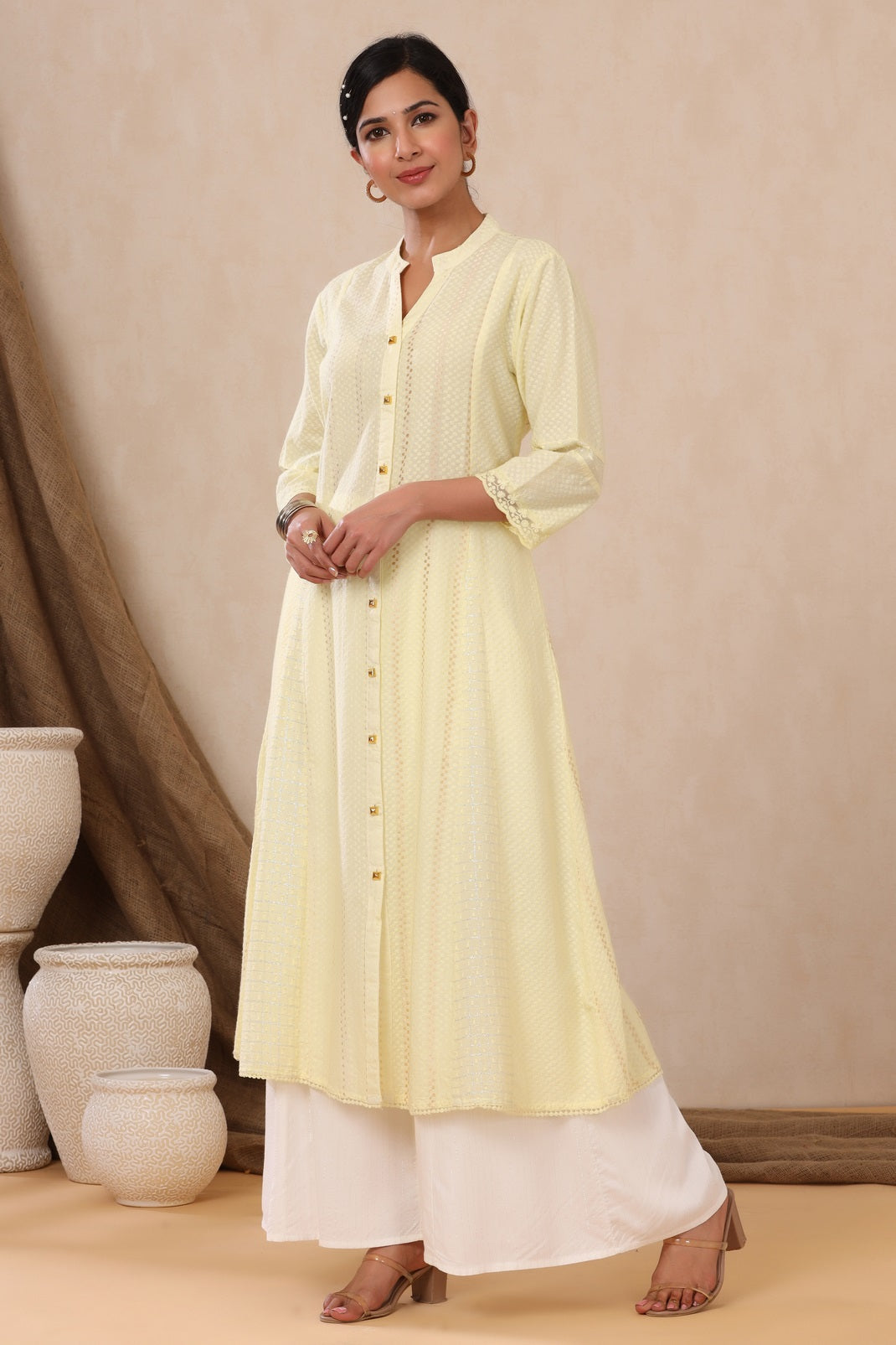 Yellow Cotton Dobby Printed A-Line Kurta with Mask