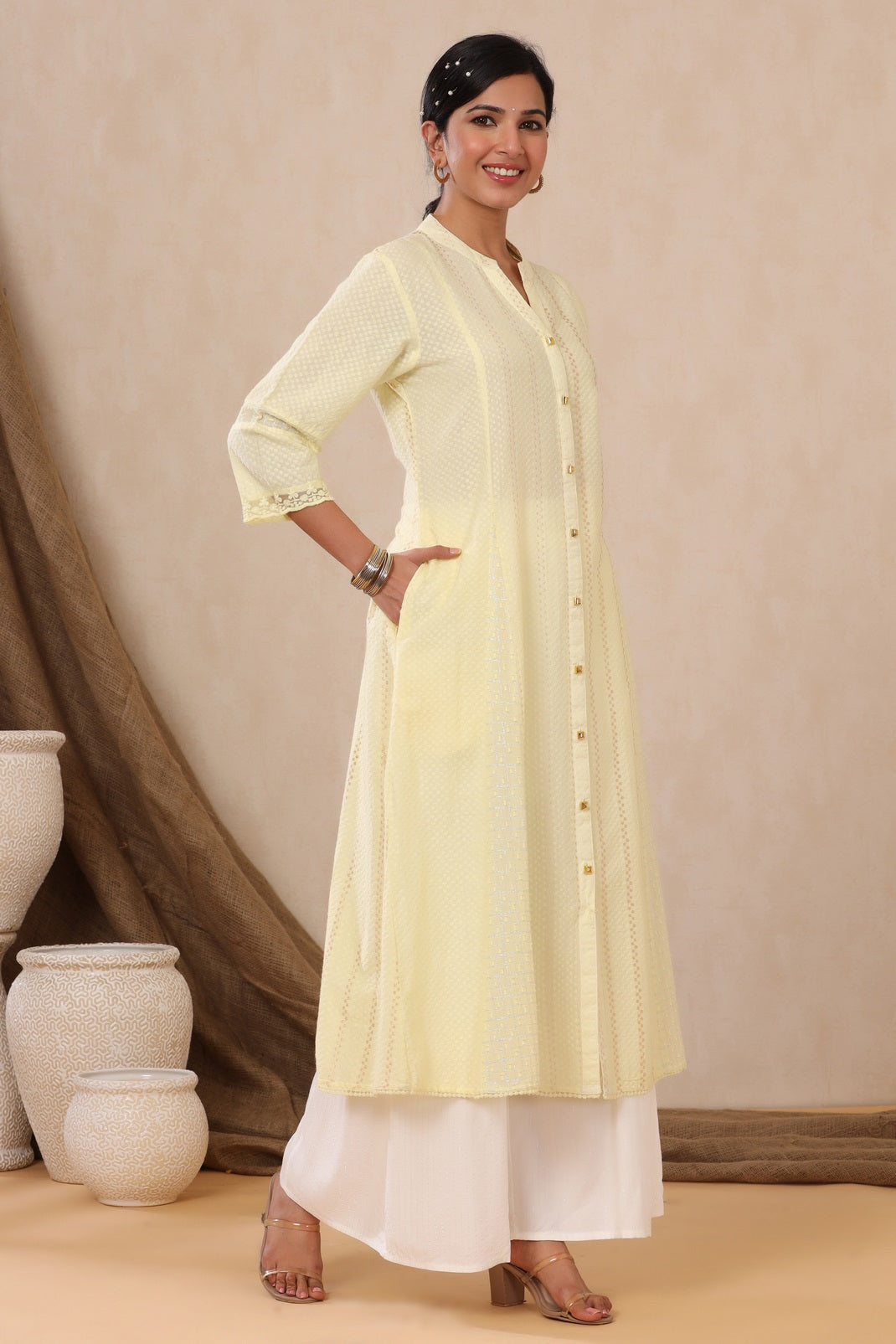 Yellow Cotton Dobby Printed A-Line Kurta with Mask