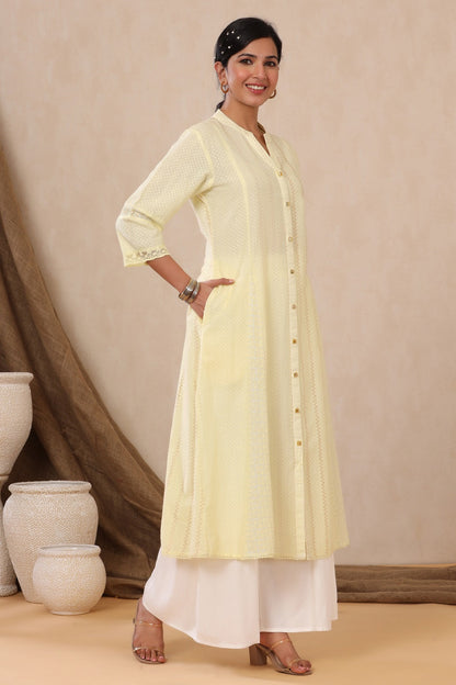 Yellow Cotton Dobby Printed A-Line Kurta with Mask