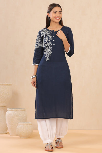 Navyblue Modal Dobby Embroidered Straight Kurta
