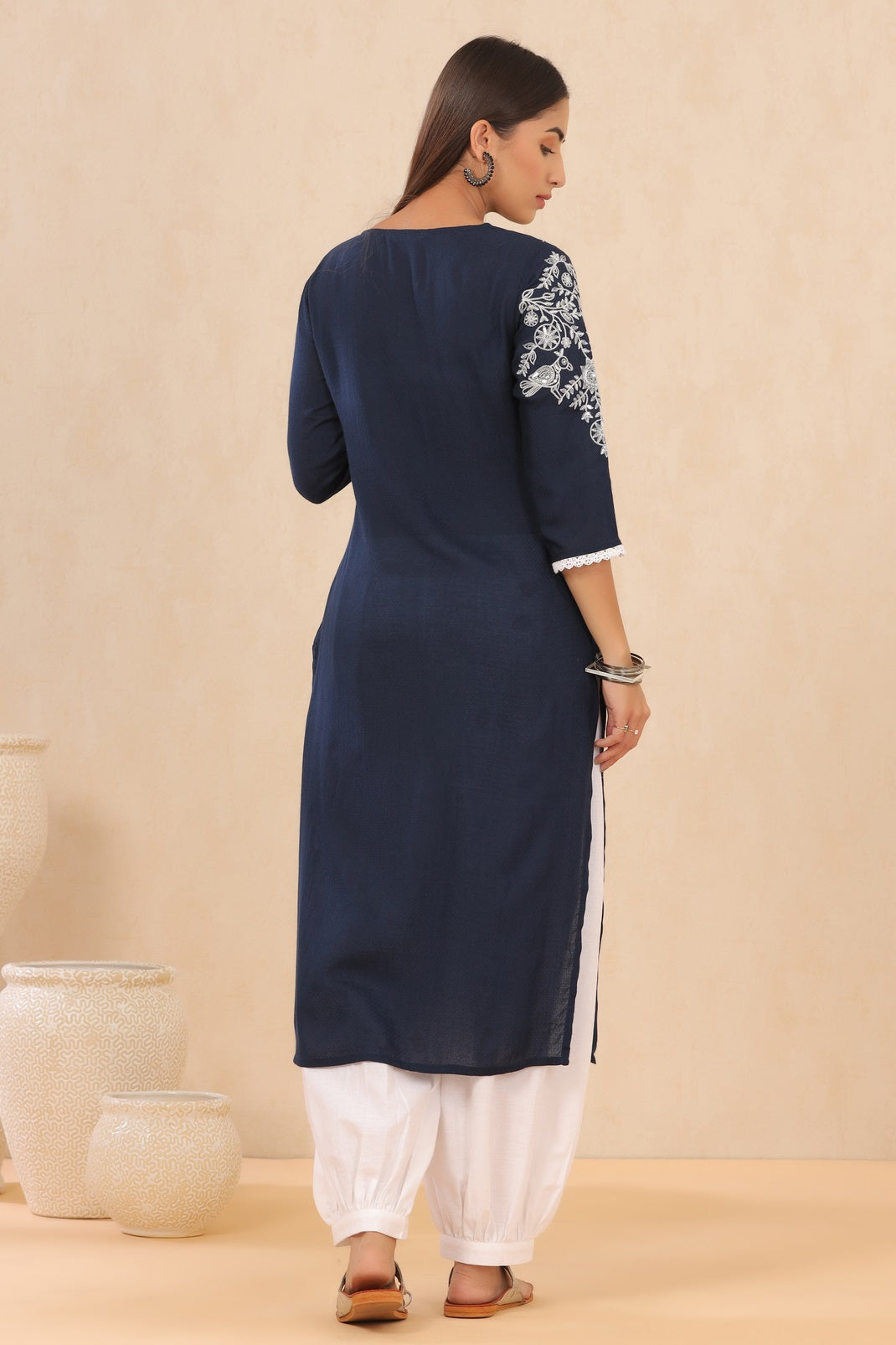 Navyblue Modal Dobby Embroidered Straight Kurta