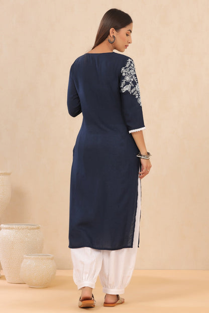 Navyblue Modal Dobby Embroidered Straight Kurta
