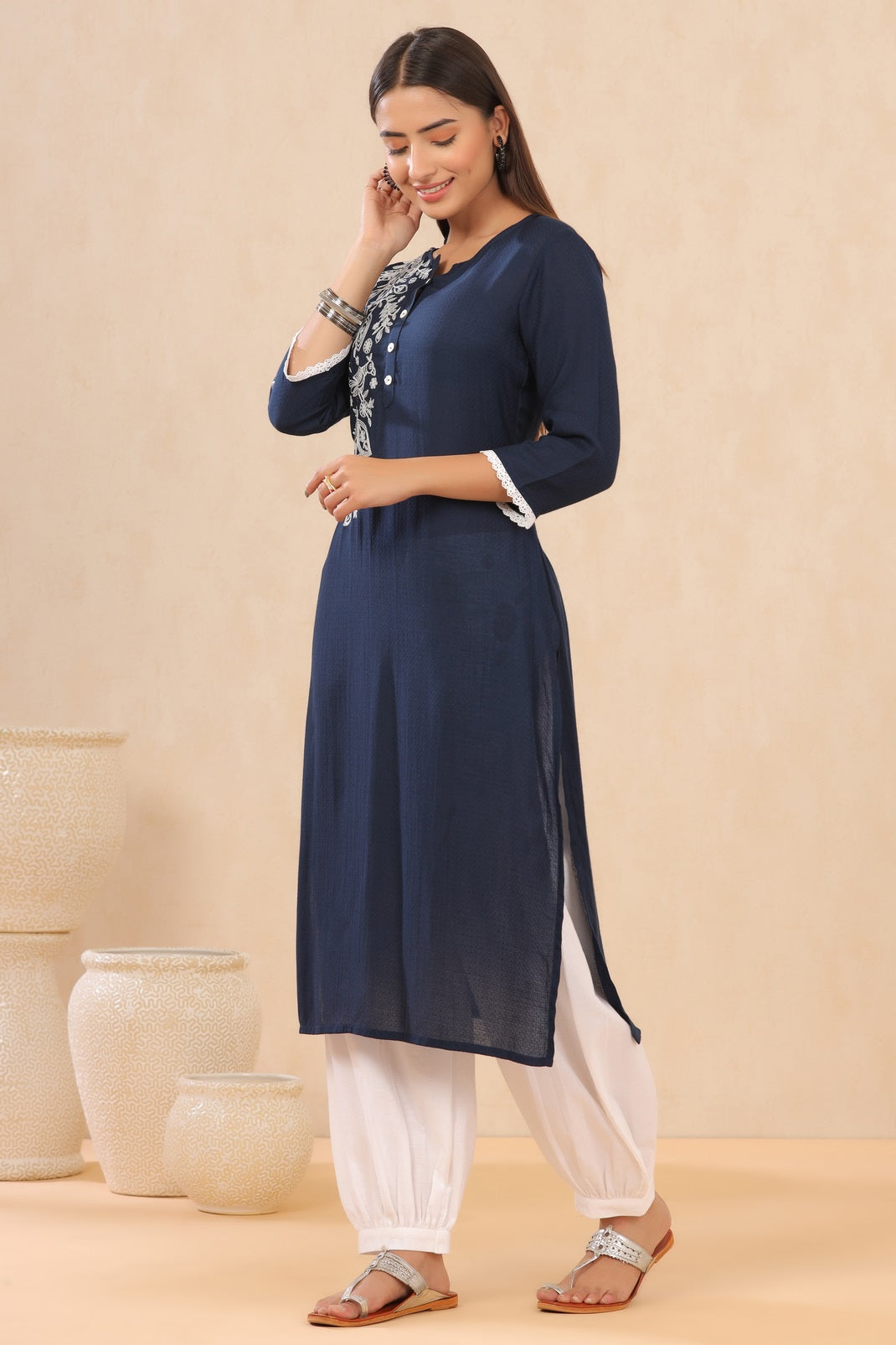 Navyblue Modal Dobby Embroidered Straight Kurta