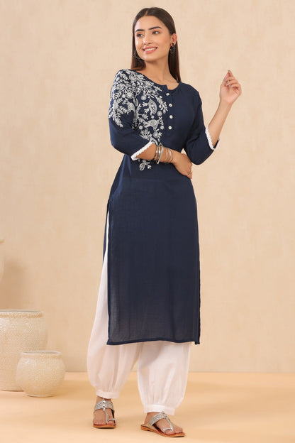 Navyblue Modal Dobby Embroidered Straight Kurta