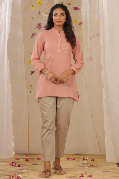Peach Cotton Slub Embroidered High-Low Kurta