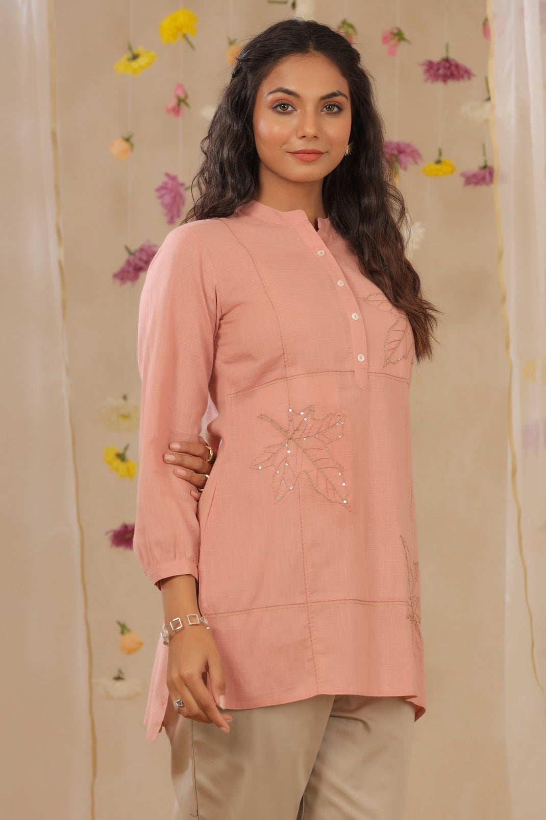 Peach Cotton Slub Embroidered High-Low Kurta