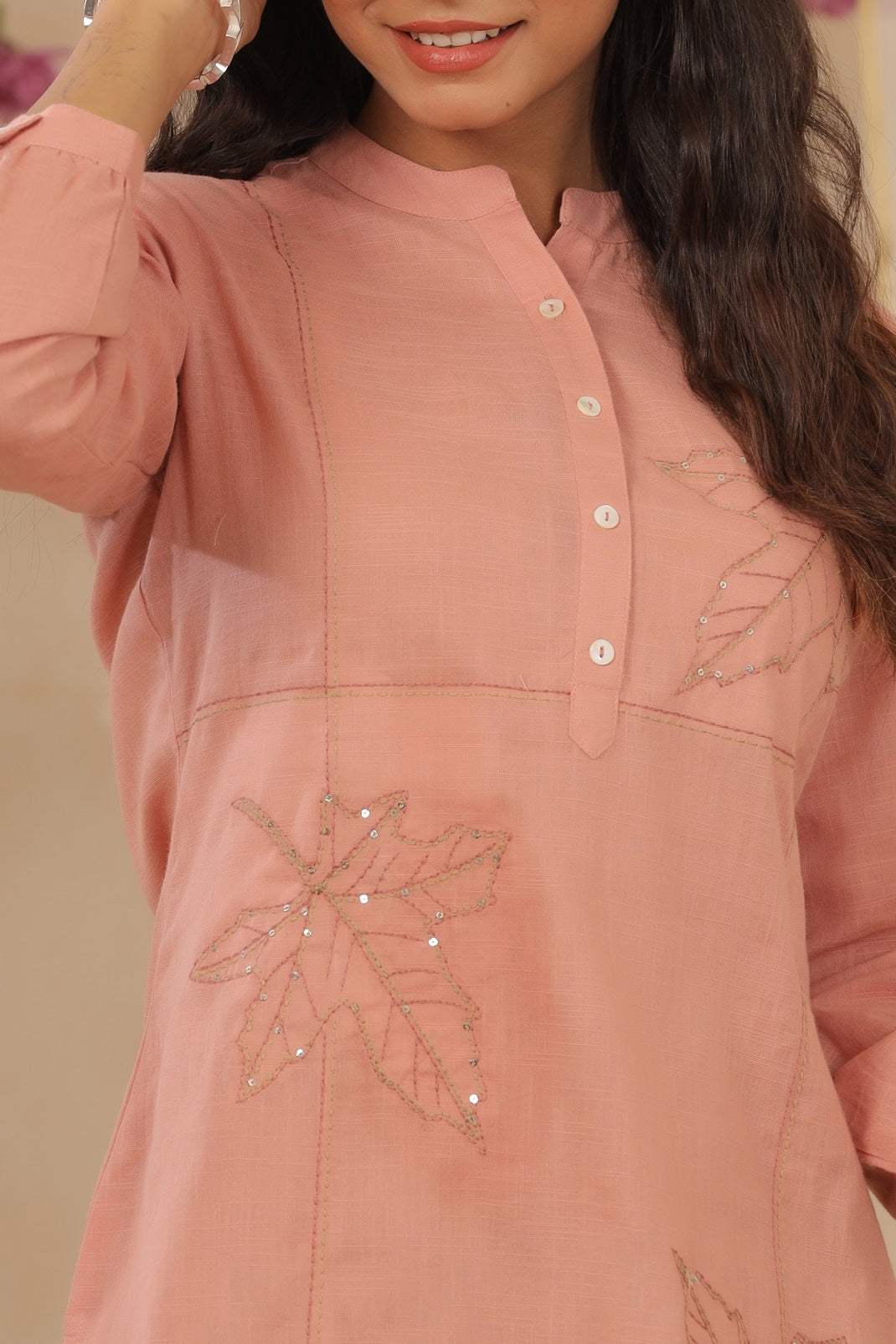 Peach Cotton Slub Embroidered High-Low Kurta