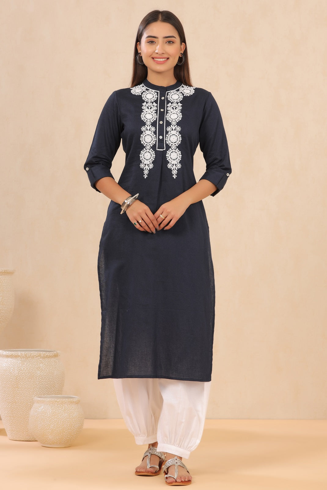Navyblue Cotton Dobby Embroidered Straight Kurta