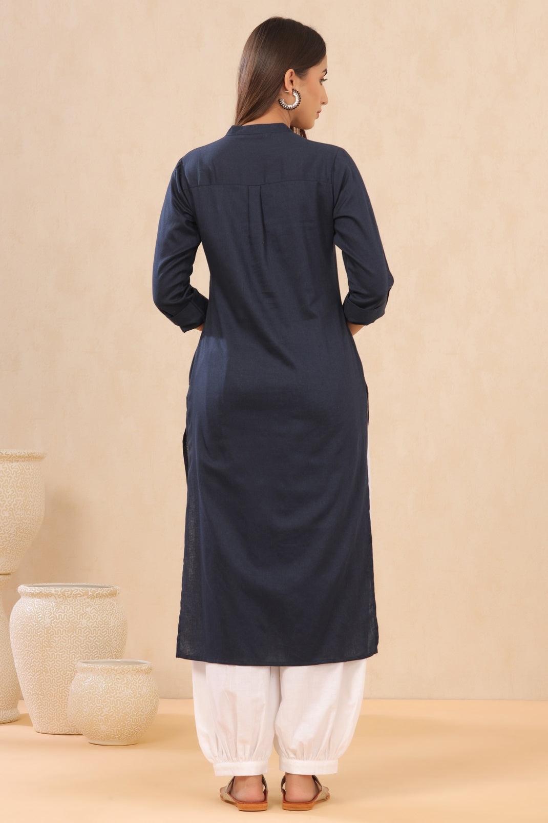 Navyblue Cotton Dobby Embroidered Straight Kurta