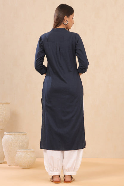 Navyblue Cotton Dobby Embroidered Straight Kurta