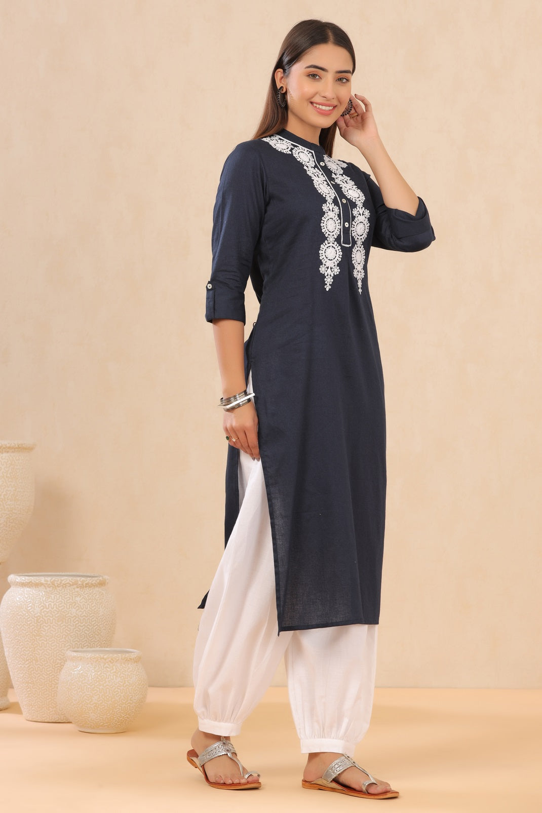 Navyblue Cotton Dobby Embroidered Straight Kurta