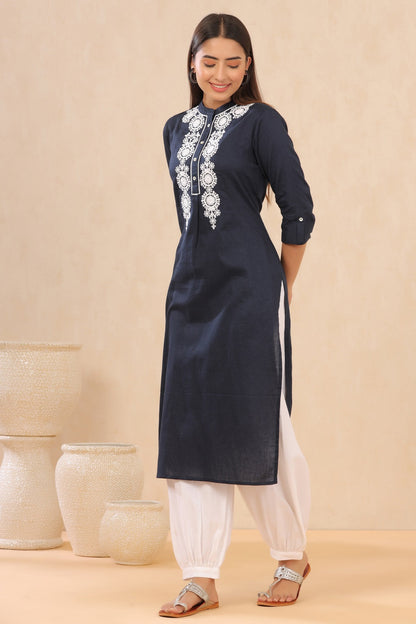 Navyblue Cotton Dobby Embroidered Straight Kurta