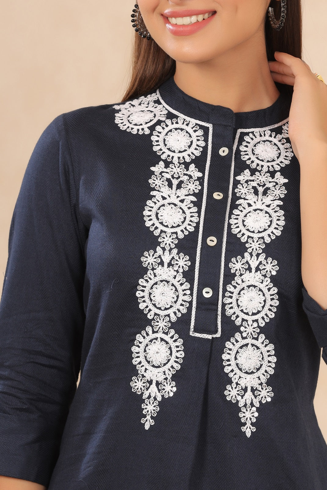 Navyblue Cotton Dobby Embroidered Straight Kurta