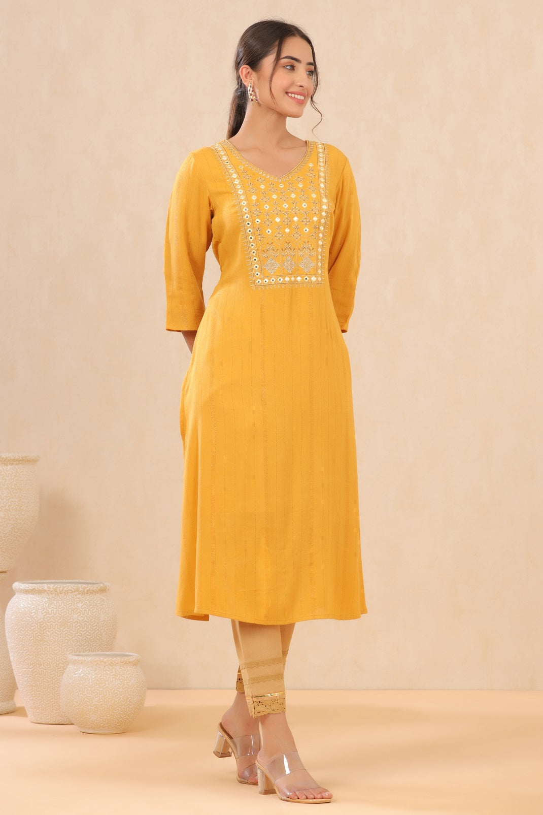 Mustard Rayon Crepe Embroidered Straight Kurta