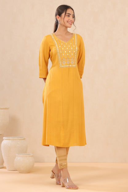 Mustard Rayon Crepe Embroidered Straight Kurta