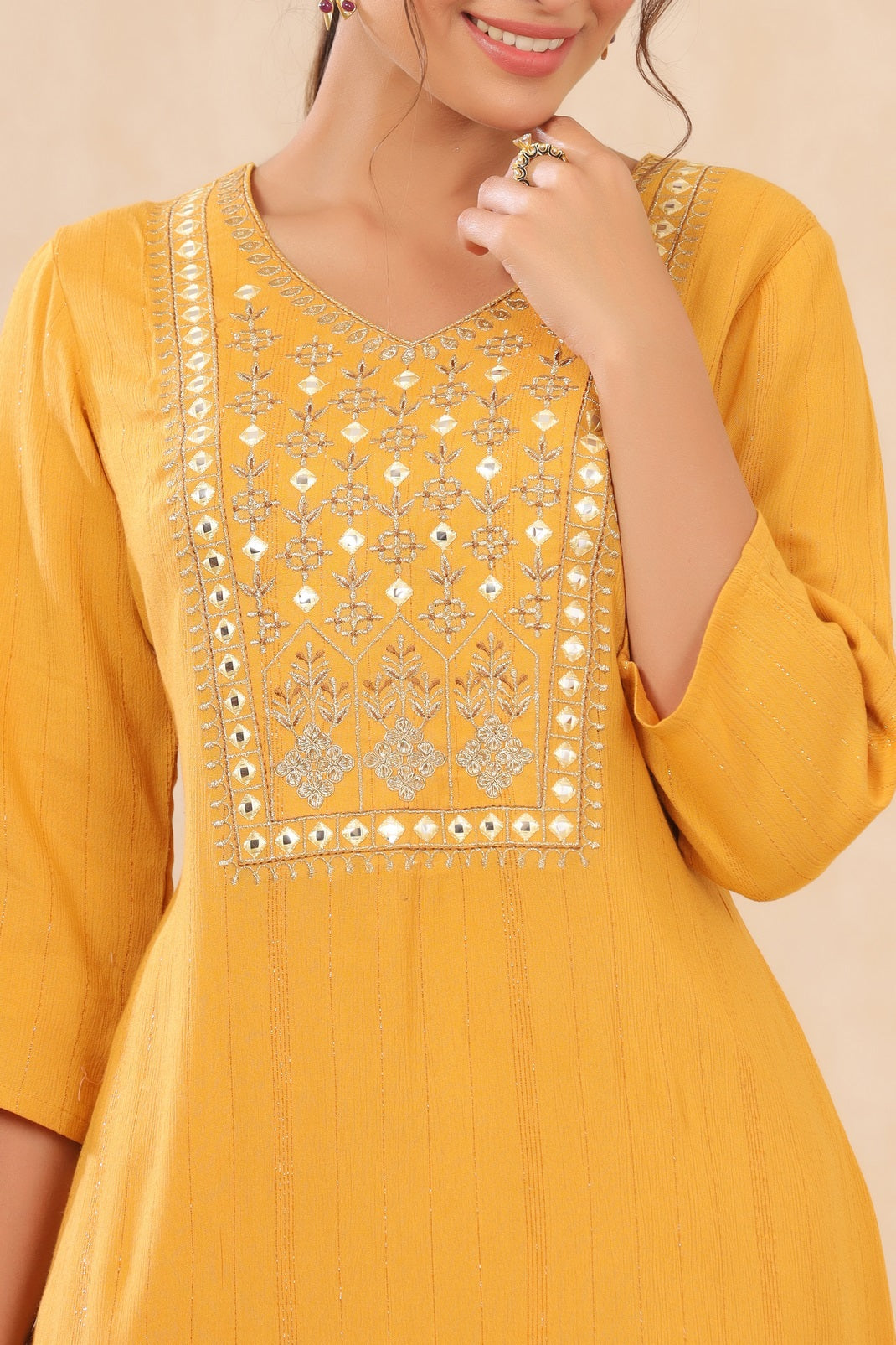 Mustard Rayon Crepe Embroidered Straight Kurta