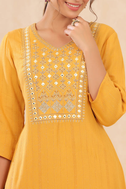 Mustard Rayon Crepe Embroidered Straight Kurta