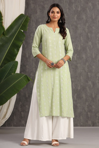 Light Olive Rayon Embroidered Straight Kurta