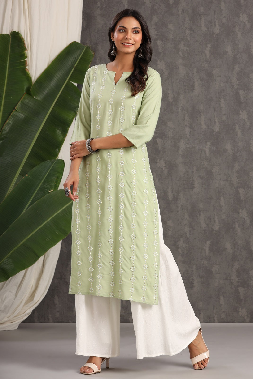 Light Olive Rayon Embroidered Straight Kurta