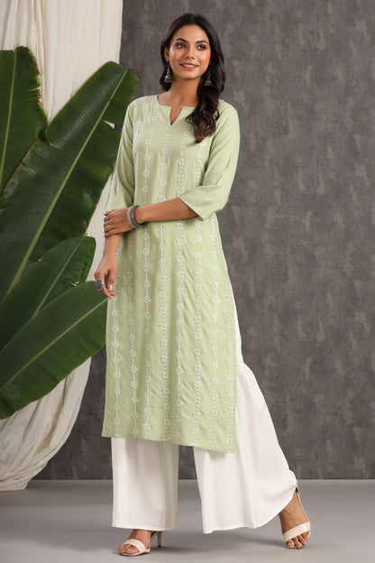 Light Olive Rayon Embroidered Straight Kurta