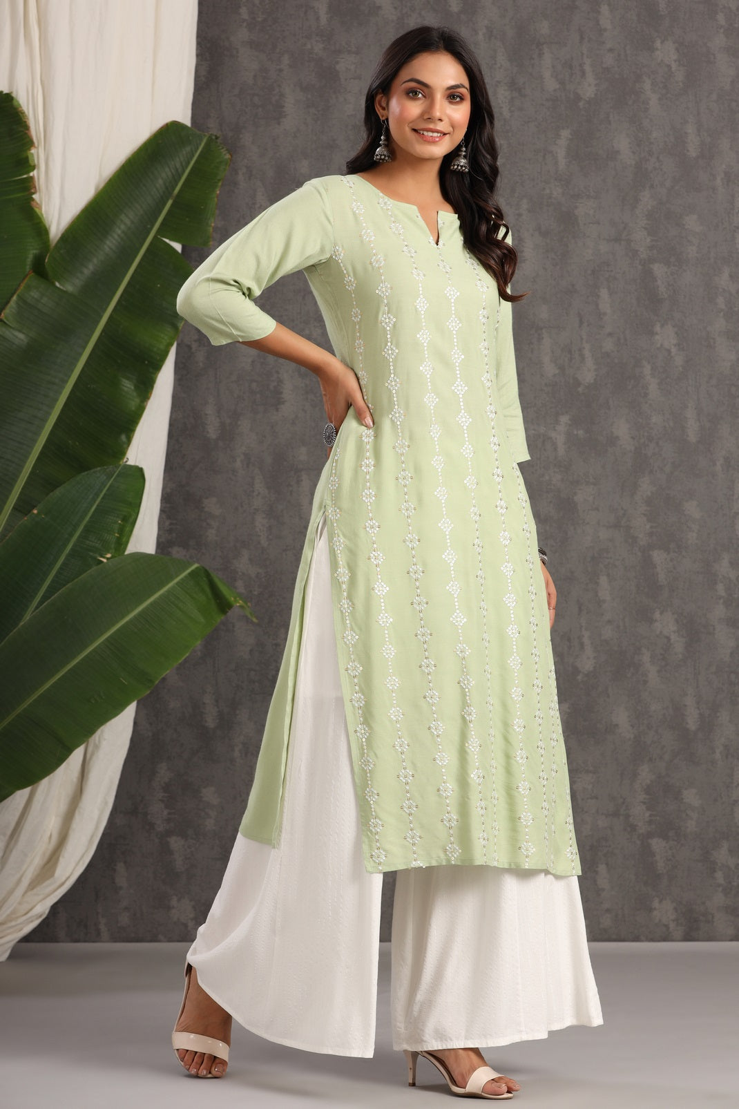 Light Olive Rayon Embroidered Straight Kurta
