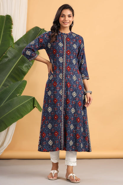 Indigo Rayon Printed A-Line Kurta