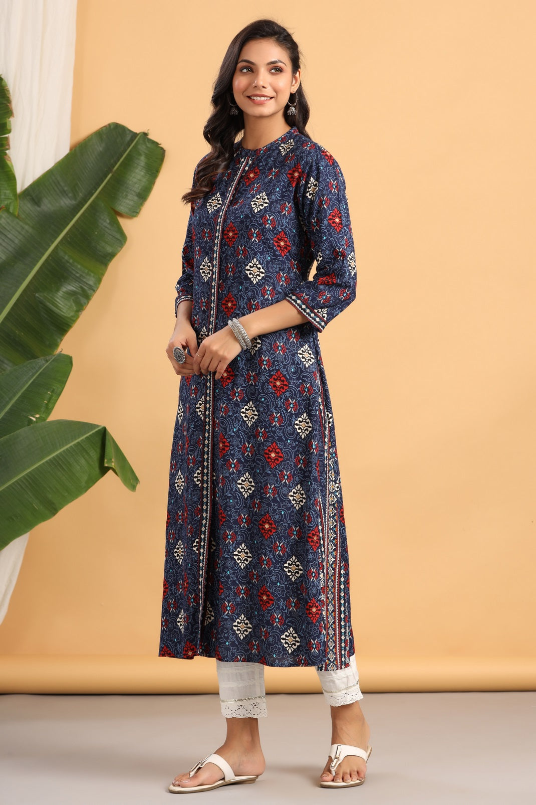 Indigo Rayon Printed A-Line Kurta