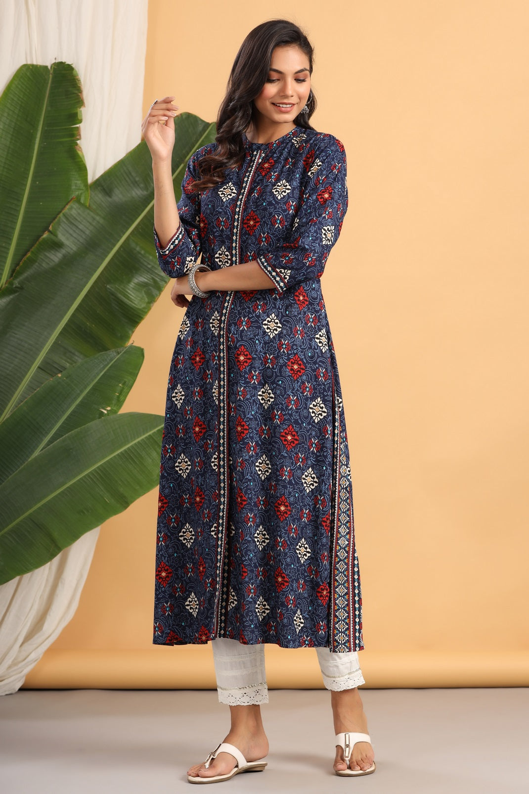 Indigo Rayon Printed A-Line Kurta