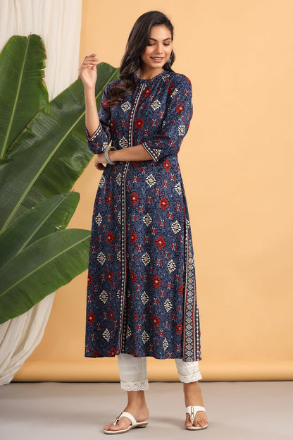 Indigo Rayon Printed A-Line Kurta