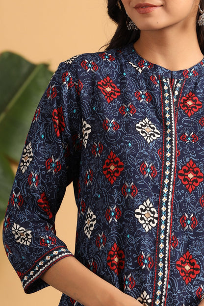Indigo Rayon Printed A-Line Kurta