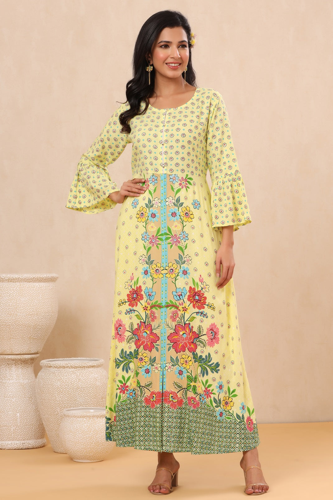 Lime Rayon Printed A-Line Kurta
