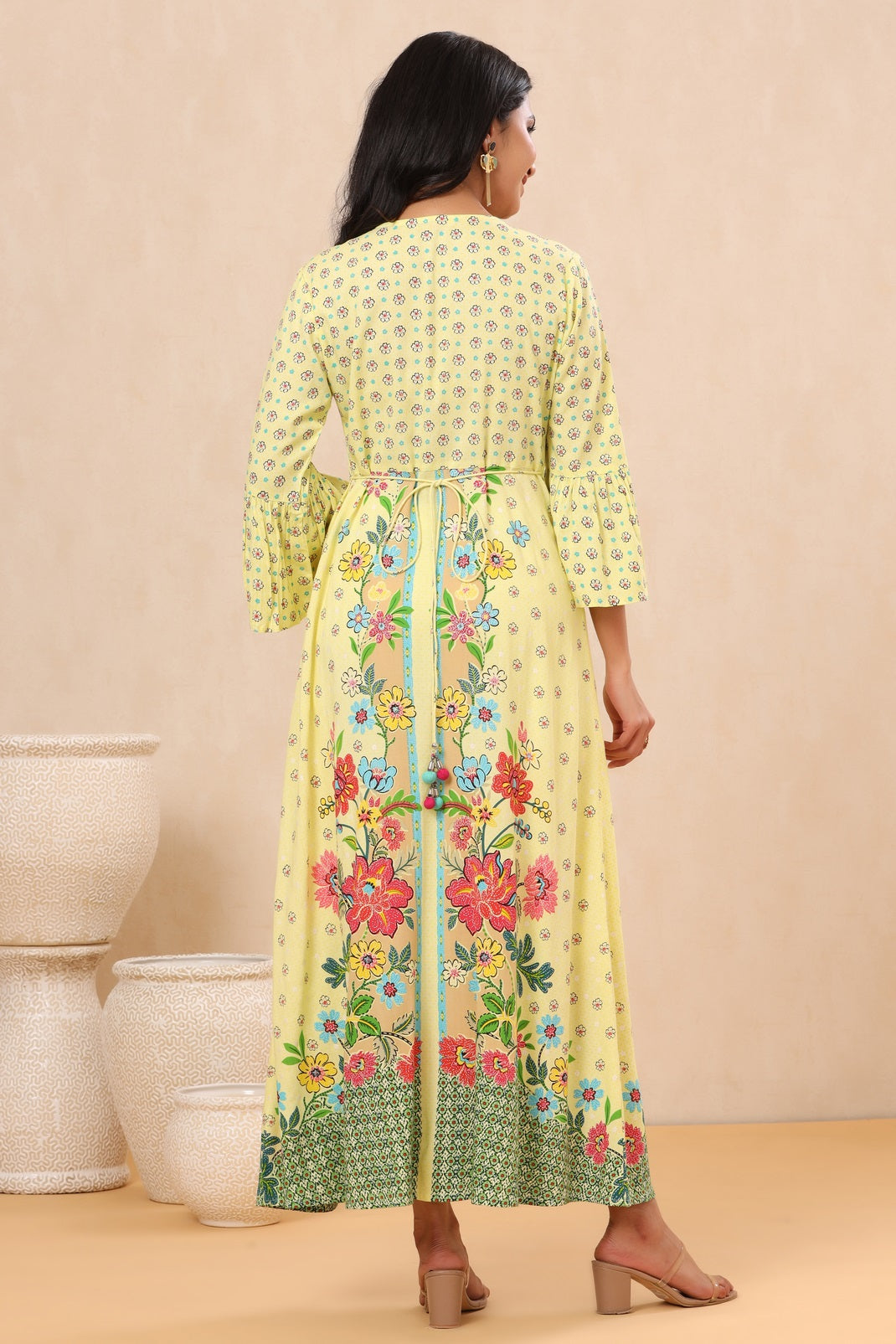 Lime Rayon Printed A-Line Kurta