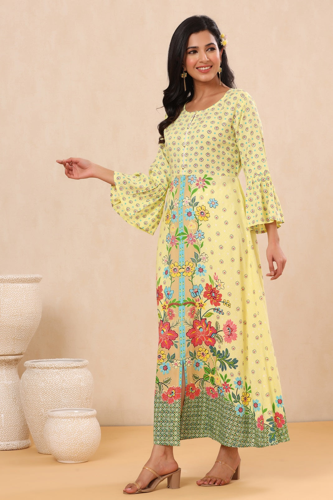 Lime Rayon Printed A-Line Kurta