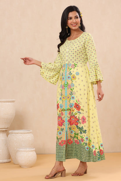 Lime Rayon Printed A-Line Kurta